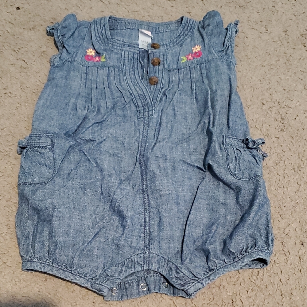 Denim Baby Romper with Floral Embroidery